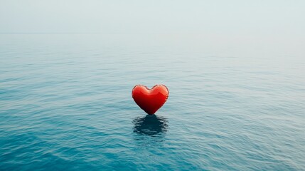 Fototapeta premium Red heart-shaped object floats serenely on calm ocean waters.