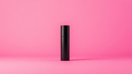Obraz premium Black cylindrical bottle on pink background.