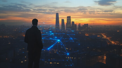 Abstract business man stands on the peak of success amid tall, innovative Smart city and graphs with statistics to analyze business potential and predict future developments in company growth.