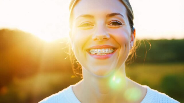 Natural light dolly video, a person smiling confidently after receiving invisalign treatment, clear aligners barely visible, genuine smile