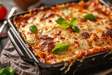 Delicious lasagna with melted cheese and basil is being served in a black baking dish on a table