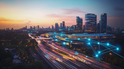 Fototapeta premium Abstract business man stands on the peak of success amid tall, innovative Smart city and graphs with statistics to analyze business potential and predict future developments in company growth.