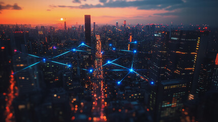 Fototapeta premium Abstract business man stands on the peak of success amid tall, innovative Smart city and graphs with statistics to analyze business potential and predict future developments in company growth.