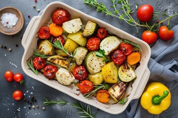 Grilled vegetables seasoned with herbs and spices in a baking dish, top view