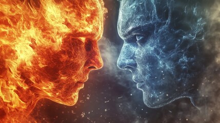 A fiery figure radiating flames stands defiantly against an icy counterpart exuding frost, their intense stances highlighting the dramatic clash of heat and cold.