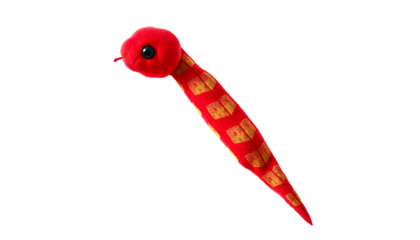 A super cute little snake shaped plush toy red with a gold pattern. On isolated PNG background.
