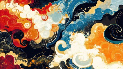 Abstract swirling clouds in red, blue, and gold hues.