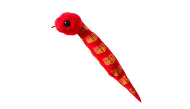A super cute little snake shaped plush toy red with a gold pattern. On isolated PNG background.