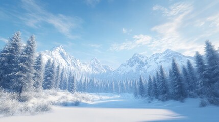 Obraz premium Serene Winter Landscape with Snow-Covered Mountains and Pines