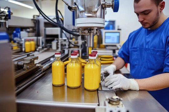 Worker fills bottles with fresh orange juice using automated machinery in a production line