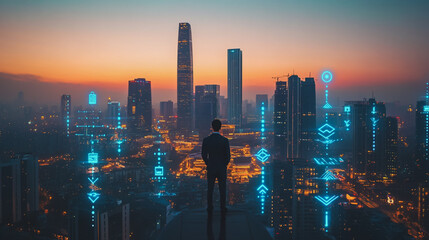 Abstract business man stands on the peak of success amid tall, innovative Smart city and graphs with statistics to analyze business potential and predict future developments in company growth.
