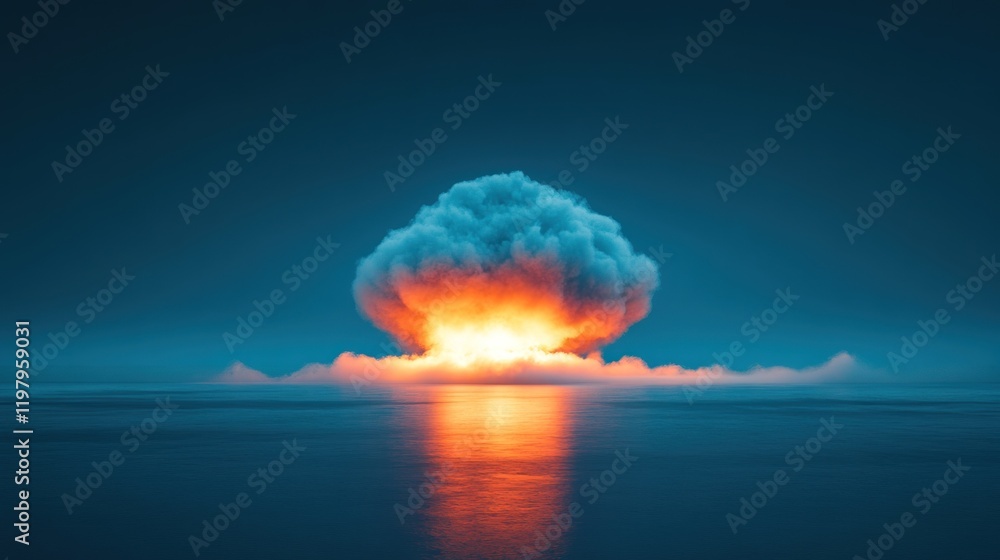 Poster nuclear explosion over the ocean: a digital rendering of destruction and aftermath