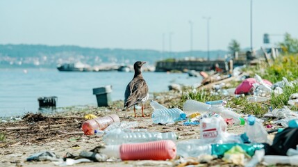 A bird stands on a litter-strewn shoreline near a lake under a clear sky in summer