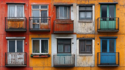 Fototapeta premium Colorful facade of a weathered apartment building showcasing vibrant balconies and aged textures