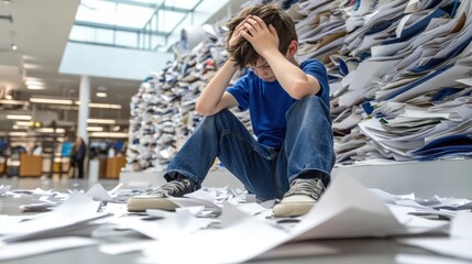 A boy sits on the floor surrounded by piles of disorganized papers, visibly stressed and frustrated