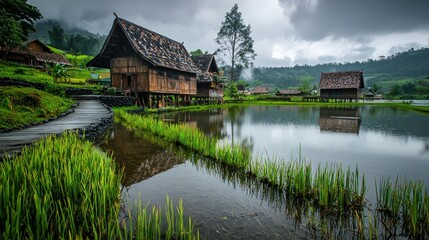 Mountain village houses reflect in calm rice paddy waters