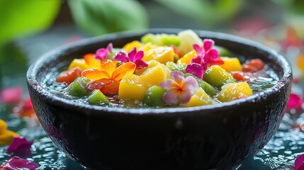 Fresh tropical fruits with water droplets, surrounded by colorful petals, celebrating Thai Songkran Festival's vibrant and festive spirit.