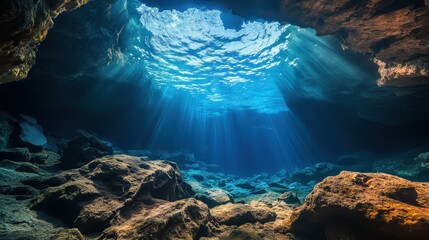 Obraz premium An enchanting underwater cavern with glowing light emanating from its depths, casting shimmering reflections on the rugged rocky terrain.