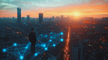 Abstract business man stands on the peak of success amid tall, innovative Smart city and graphs with statistics to analyze business potential and predict future developments in company growth.