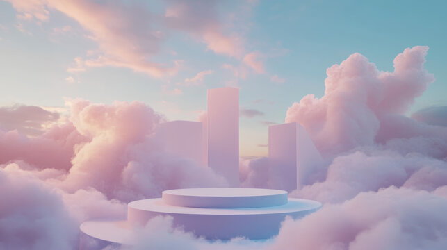 "3D rendered background featuring a blue podium and minimal cloud scene, ideal for product displays. The design incorporates geometric shapes, pastel blue skies, and a cloud platform, creating a seren