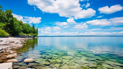Fototapeta premium Door County Serenity: A Breathtaking View of Tennison Bay in Peninsula State Park, Wisconsin, with Clear Blue Skies and Calm Fresh Water