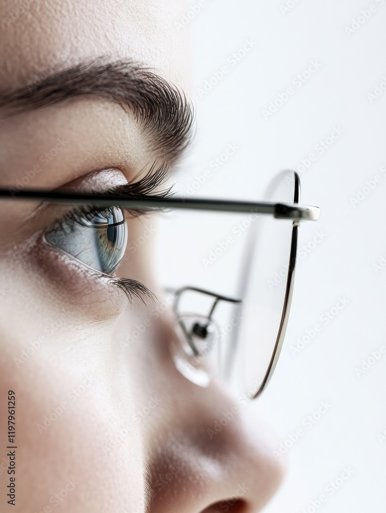 Aufkleber close up view of a human eye with glasses showcasing intricate details and reflections in natural li