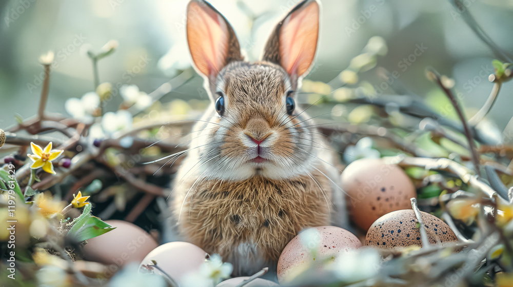 Poster rabbit is sitting in a basket full of eggs. the rabbit is looking at the camera with a curious expre