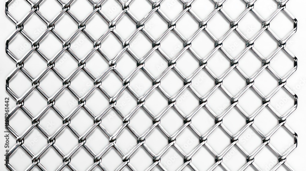 Poster close-up of a metallic chain-link fence, showcasing its diamond pattern and texture against a white 