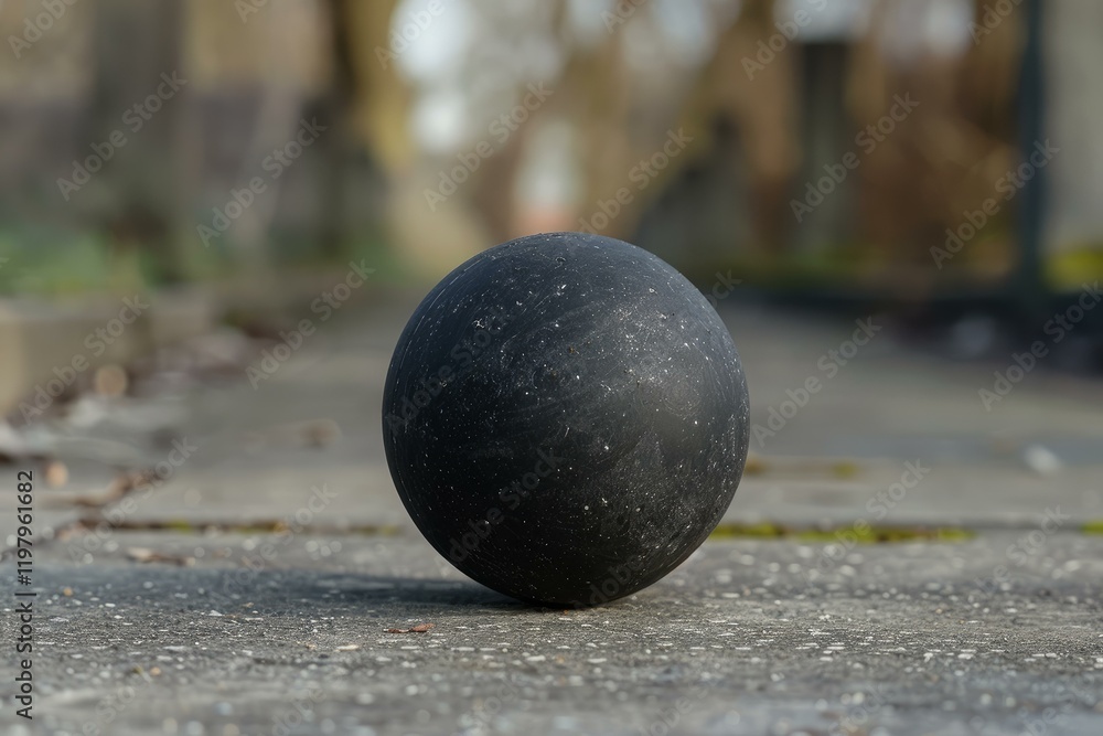 Poster weathered black sphere rests on a textured surface, its rough texture hinting at a story of time and