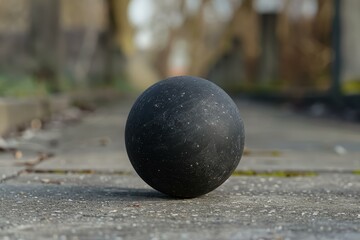 Weathered black sphere rests on a textured surface, its rough texture hinting at a story of time and exposure