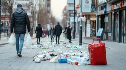 A group of pedestrians navigates a city street cluttered with plastic trash