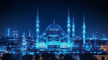 Fototapeta premium Digitally Connected Blue Mosque of Istanbul Illuminated in Futuristic Network at Night