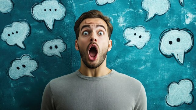 A man with wide eyes and an open mouth, his expression of surprise emphasized by colorful speech bubbles surrounding him, filled with exclamation marks and startled phrases.