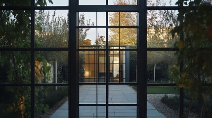 A back door with a grid of small square glass panels framed in dark steel 