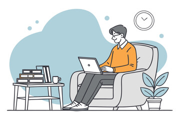 minimalist illustration, man working on laptop, cozy living room, gray armchair, orange sweater, coffee table with books, potted plant, soft blue background, flat design, simple shapes, vector style, 