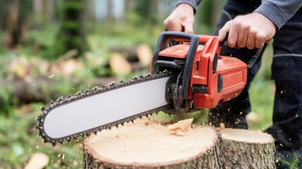 A person operates a chainsaw to slice through logs in a wooded area during the day