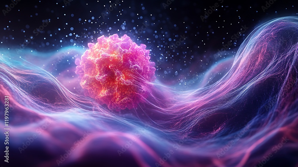 Poster glowing cell particle in abstract wave energy field
