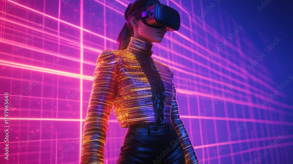 Poster virtual reality experience with colorful neon lights in a futuristic environment. generative ai