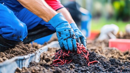 Individual wearing gloves sorts through rich soil, collecting worms for composting purposes