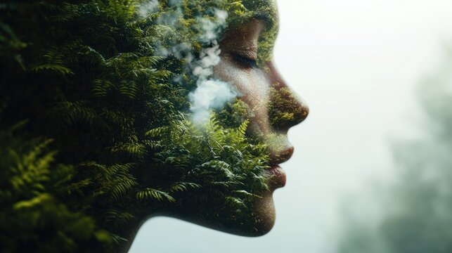 Portrait of a woman with a double exposure effect showcasing nature and serenity in her profile. Generative AI