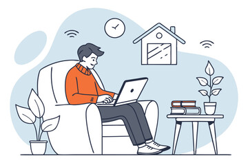 minimalist illustration, man working on laptop, cozy living room, gray armchair, orange sweater, coffee table with books, potted plant, soft blue background, flat design, simple shapes, vector style, 