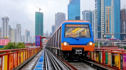 Fototapeta premium A bright orange and blue train moves along elevated tracks amidst a bustling urban landscape