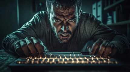Fototapeta premium Intense focused man typing on a keyboard in a dimly lit room late at night. Generative AI