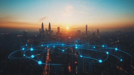 Fototapeta premium Abstract business man stands on the peak of success amid tall, innovative Smart city and graphs with statistics to analyze business potential and predict future developments in company growth.