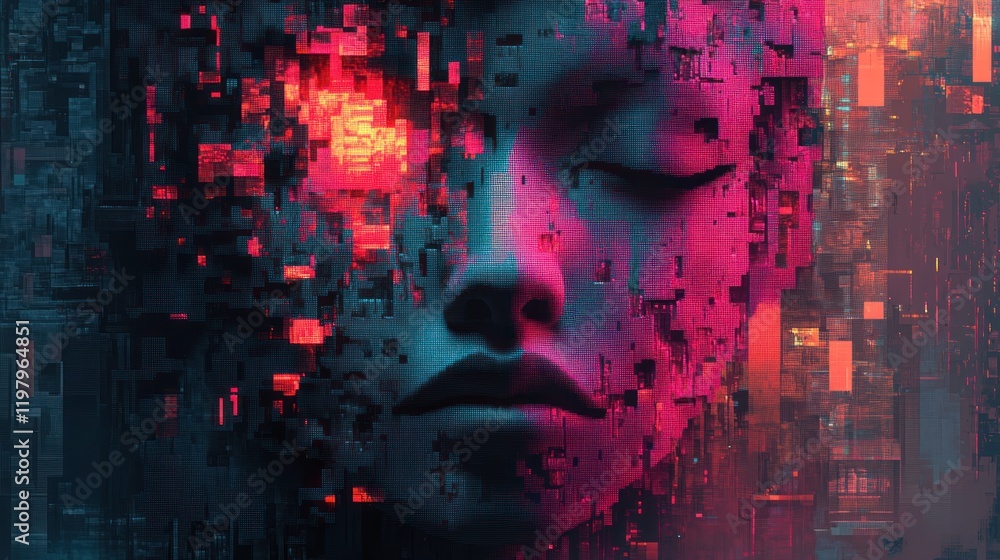 Poster Digital abstraction of a human face with glowing features and fragmented patterns. Generative AI