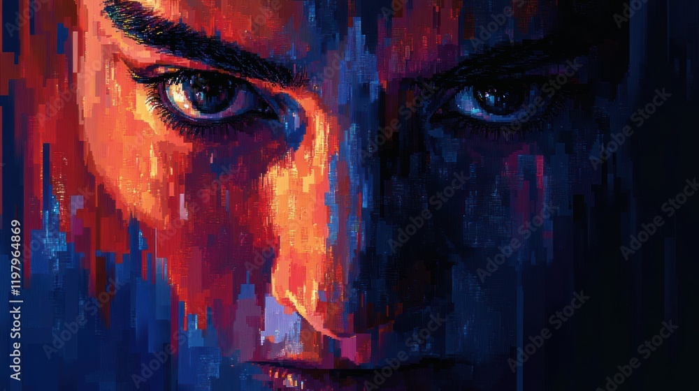 Poster intriguing digital portrait of a person with intense gaze and vibrant colors reflecting emotions and