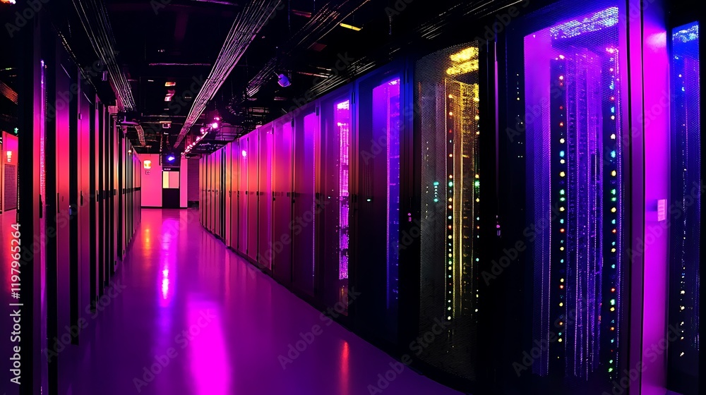 Poster illuminated data center with colorful servers
