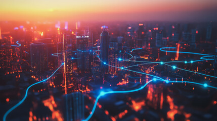 Fototapeta premium Abstract business man stands on the peak of success amid tall, innovative Smart city and graphs with statistics to analyze business potential and predict future developments in company growth.