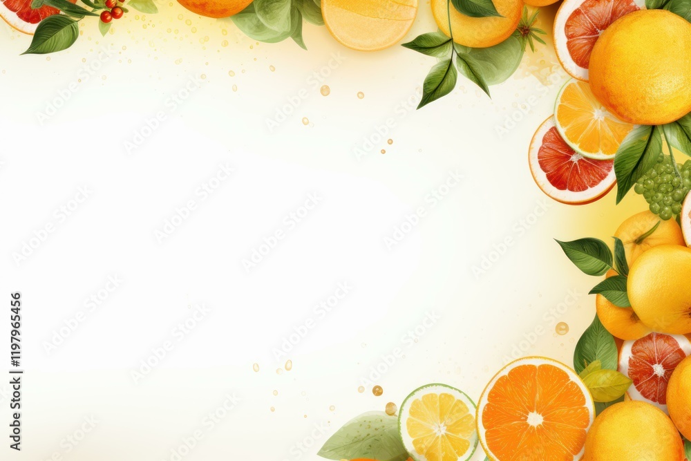 Poster sliced and whole citrus fruits with leaves create a refreshing frame on a light yellow to white back