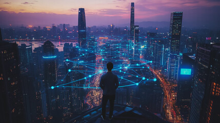 Abstract business man stands on the peak of success amid tall, innovative Smart city and graphs with statistics to analyze business potential and predict future developments in company growth.